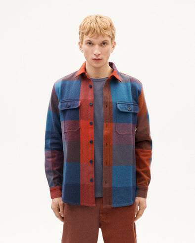 THINKING MU Lucas Blanket Overshirt • Berry Checks